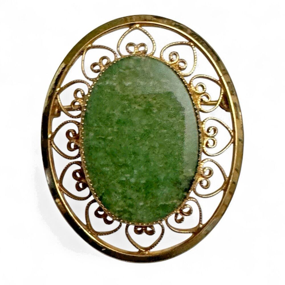 Vintage 1/20 12K GF Filigree Oval Brooch Green Cabochon – 1.5 Inches